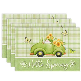 RZQIJ Green Buffalo Plaid Gnomes Sunflower Floral Truck Placemats Set of 4, 12x18 Hello Spring Watercolor Rustic Table Mat Decor, Seasonal Table Decors for Holiday Dining Kitchen Holiday Party. (080)