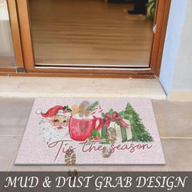 Likjad Pink Christmas Door Mat, Tis The Season Christmas Front Door Mat, Vintage Christmas Door Mats Outside, Christmas Welcome Mat, Christmas Mats for Front Door, Christmas Bath Mat, 17x30 Inches