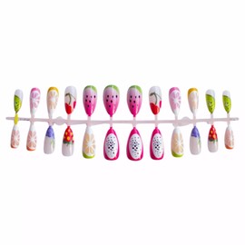 MISUD Almond Press on Nails Medium Fake Nails Glossy Glue on Nails Summer Acrylic Nail Supplies Stiletto Artificial Nail Art Colorful Fruit False Nails with Design DIY 24 pcs