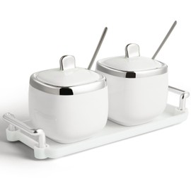 EABOSON Ceramic Sugar Bowl 2 Pack, Porcelain Seasoning Jar with Tray, Spoon and Lid for Sugar, Pepper, Coffee, Spice, Salt (silver)