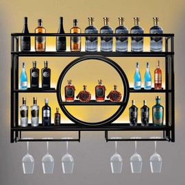 Metal Wine Rack Wall Mounted with LED Light, 3-Tier Bar Liquor Shelf with Wine Glass Holder, Modern Large Capacity Liquor Bottle Display Storage Shelf for Home Bar, Dining Room (Black, 100 * 80 * 15)