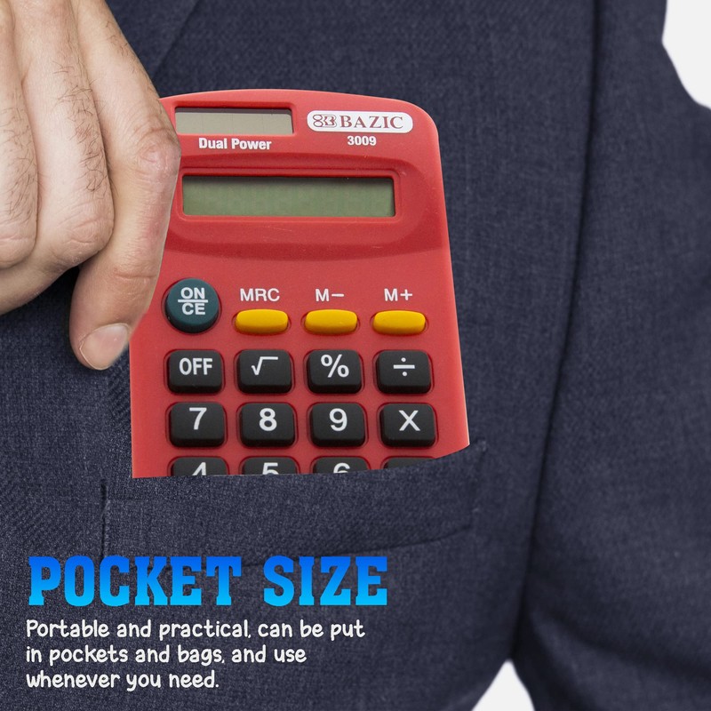 BAZIC 8-Digit Dual Power Calculator Pocket Size, Solar Powered &