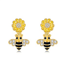 URONE Bee Sunflower Earrings 925 Sterling Silver Sunflower Bee Earrings Dangle Fun Bee Sunflower Jewelry for Women