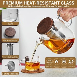 Tetera de vidrio con infusor y tapa, tetera de vidrio de borosilicato de 40 onzas con mango resistente al calor, infusor de malla de acero inoxidable para hojas sueltas y té floreciente, apta para estufa y microondas
