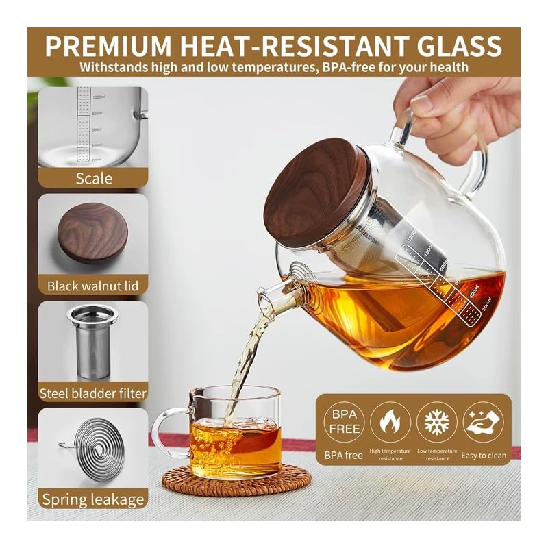 Tetera de vidrio con infusor y tapa, tetera de vidrio