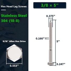 8-Sets 3/8 x 5 Hex Head Lag Screws & Flat Washers, Heavy Duty Lag Wood Screws, 304 Stainless Steel (18-8), 3/8" Bolt