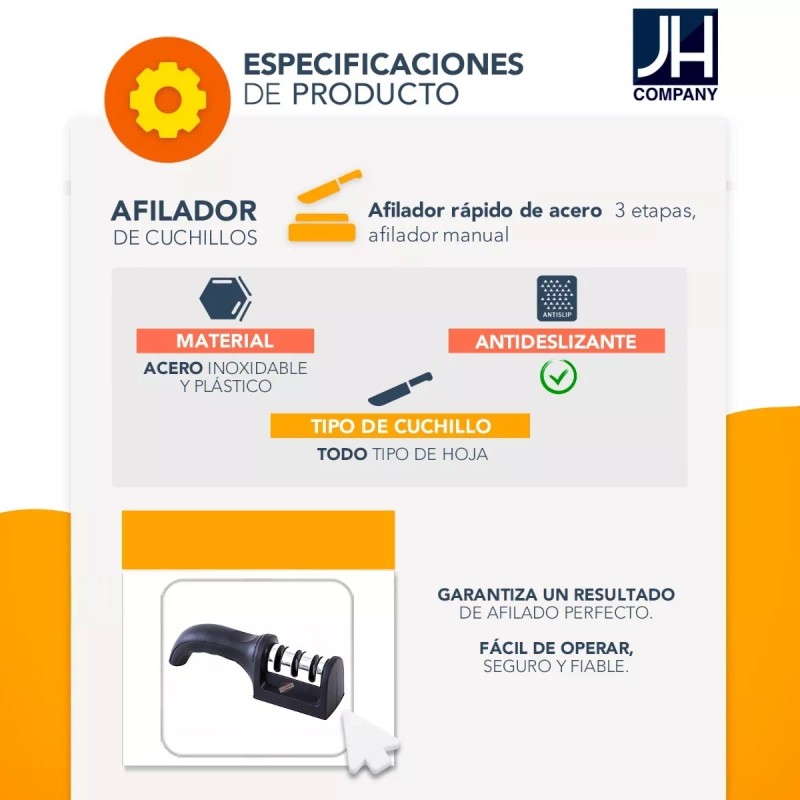 J.H. Company Afilador De Cuchillos Cocina Ergonómico 3 Etapas Manual