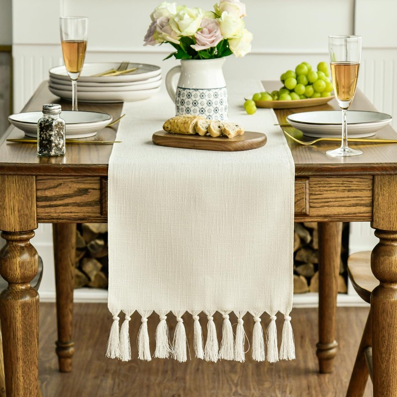 Artoid Mode Beige Boho Rural Rustic Farmhouse Tassel Table Runner,