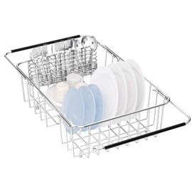 Escurridor grande para platos en el fregadero expandible, ajustable de acero inoxidable 304, escurridor organizador de platos de metal con soporte para utensilios de acero inoxidable sobre el