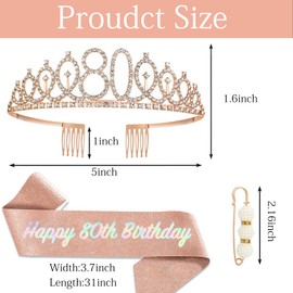 POPOYU 80th Birthday Crown and Sash, Crown 80th Birthday Women, 80th Birthday Tiara, Rose Gold, Crown 80th, 80th Birthday Girl Headpiece for Birthday Gift, Party Supplies