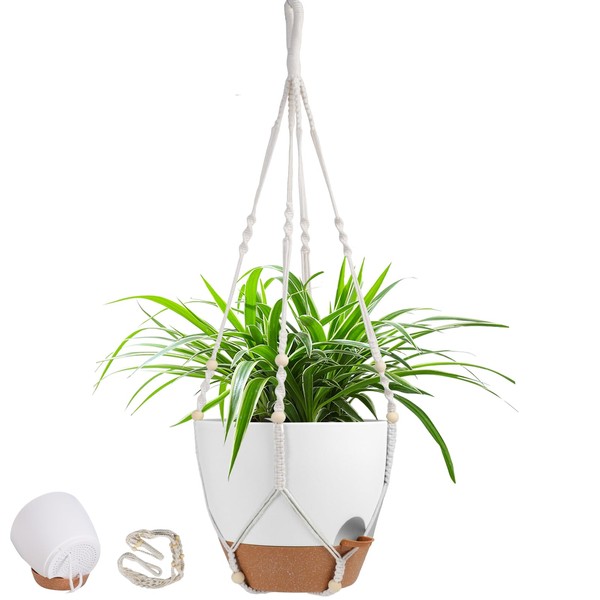 Vanslogreen 41.5 Inch Macrame Plant Hanger Indoor Outdoor with 12 Inch Flower Pot, Hanging Planter for Plants Holder with Wood Beads for Boho Home Decor (Ivory+White)