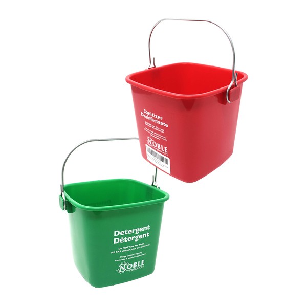 Small Red and Green, Detergent and Sanitizing Bucket - 3 Quart Cleaning Pail - Set of 2 Square Containers
