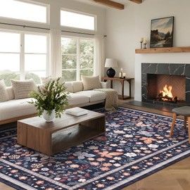 GarveeHome Floral Area Rugs 8x10 for Living Room Machine Washable Area Rugs Boho Low Pile Carpet with Non Slip Backing Stain Resistant for Bedroom Dining Room Farmhouse Black