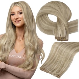 Full Shine Weaving Weft Blonde Highlighted Genius Weft Hair Extensions Color Golden Blonde Highlighted Medium Blonde Single Weft Sew in Genius Weft Extensions 60G 22 Inch