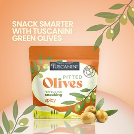 Tuscanini Italian Spicy Snack Olives, 1 oz (10 Pack) | Convenient Olive Pouches for Snacking | No Oil | Gluten Free, Vegan, Keto Friendly | Pitted Olives | Great for Travel, Picnics, and Office Snacks