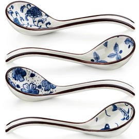 Asian Soup Spoon Set of 4 Long Handle Chinese Soup Spoons Ceramic Japanese Ramen Spoons Retro Style Pho Spoon Wonton Soup Spoon (Model 3-4 Piece)
