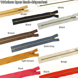 Wonesifee - Cremalleras de metal, 20 unidades #3 de latón envejecido, cierre cerrado, sin separación, colores variados, para bolsos, bolsos, bolsos, costura, 10 colores, 2 unidades cada una (10