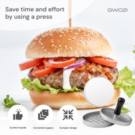 GWOZI Burger Press Patty Maker with 100 Patty Papers - Smash Burger Press for Griddle, Non-Stick - Burger Smasher with Wooden Handle for Kitchen - Aluminum Hamburger Press for Beef, Poultry