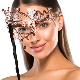 Masquerade Mask with Stick Mardi Gras Party Mask with Holding Stick Masquerade Ball Phantom of the Opera Mask (Rose Gold)