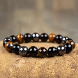 Unbranded 10mm Round Beads Triple Protection Tiger Eye Obsidian Hematite Stretch Bracelet
