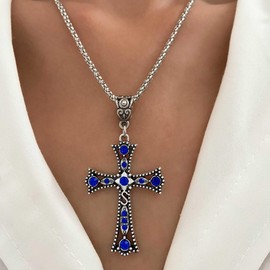 Wendalern Gothic Diamond Cross Necklace Dainty Blue Crystal Cross Necklace Punk Inlaid Zircon Cross Choker Necklace Vintage Religious Cross Pendant Necklace Y2K Jewelry for Women Girls