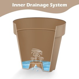 RooTrimmer 3-Pack 8/9/10 Inch Plastic Plant Pots with Saucers – Durable BPA-Free Planters with 21 Drainage Holes, Bottom Watering Design for Indoor & Outdoor Use, Succulents, Herbs, Flowers – Khaki