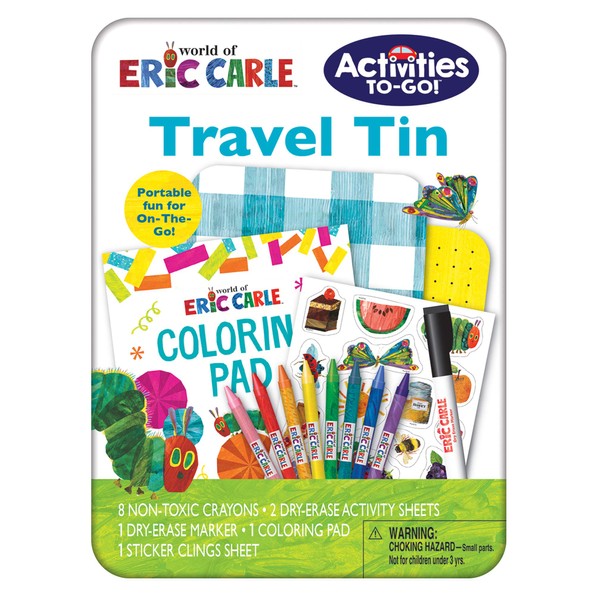 Eric Carle | Activities To-Go Travel Tin | Art Set | Includes 8 Crayons, 2 Dry Erase Activities with 1 Dry Erase Marker, 1 Coloring Pad, and 1 Sheet of Repositionable Sticker Clings