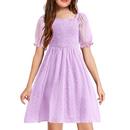 Arshiner Little Girl Dresses Lace Soft Short Sleeve Square Neck Pleated Summer Cute Easter Dress for Kid Lilac 4-5Y