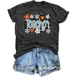 Teacher Shirts for Women: Retro Floral Graphic Teacher Tee Daisy Checkerboard Back to School Gift Top