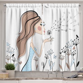 Ambesonne Retro Long Kitchen Curtains, Fashion Woman with Dandelion Flower Spring Wind Garden Sketchy Illustration, Two Panels Drapes with Rod Pocket Room Decor, 55" x 45", Blue