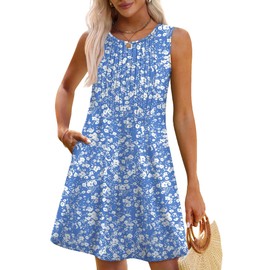 OFEEFAN Summer Dresses for Women 2025 Casual Boho Sundresses Beach Vacation Clothes Essentials Pleated Flowy Hawaiian Graduation Dress Cruise Outfits Fahion Blue Floral L