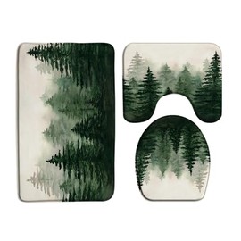 ZNLSU 3 Piece Misty Forest Bath Mat Sets Watercolor Pine Tree Abstract Foggy Jungle Green Rustic Nature Scenery Landscape Bathroom Rug Sets,17.8"x29.5"Bath Mat,Toilet Seat Cover,U-Shaped Toilet Mat
