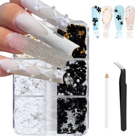 ITPOYOL 3D Flower Nail Art Charms White Black Nail Charms for Acrylic Nails Gold Silver Pearls Nail Supplies Rhinestones Spring Blossom Gems Nail Accessories for Women DIY Nail Decorations Design
