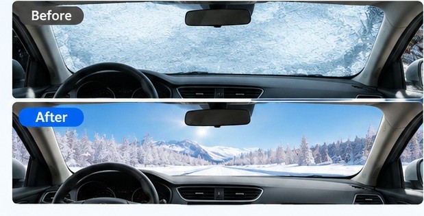 Before and after: an iced-over windshield versus a clear one