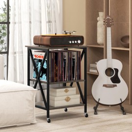 LOKO Record Player Stand, Turntable Stand with Built-in Charging Station, Vinyl Storage Cabinet with Divider, Home Accent Display Table up to 250 Albums for Study Bedroom Living Room (Grey Oak)