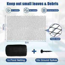 Pond Netting Kit, 4.5m x 6m Heavy Duty Pond Net for Koi Ponds, Pond Net Cover Garden Pool Fine Mesh Netting Kit for Leaves, Protects Koi Fish from Birds Cats Predators, with 10 Stakes