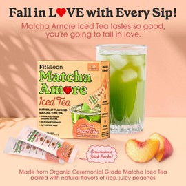 Fit & Lean Matcha Amore Iced Tea, Fruit-Inspired Naturally Flavored Organic Ceremonial Grade Matcha Green Tea, Naturally Sweetened, NON-GMO, Zero Sugar, Peach Iced Tea, 10 Stick Packs