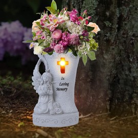 Memorial Gifts for Cemetery - Garden Angel Statue with Solar Led Light and Vases, Remembrance Gifts, Cemetary Grave Decorations (White)