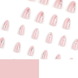 KTAABTR Flower Press on Nails Short Almond Shaped Fake Nails with Glue Nude Glossy Acrylic Nails Design White Flower Stick on Nails for Woman DIY Full Cover False Nails Decoration Supply 24Pcs