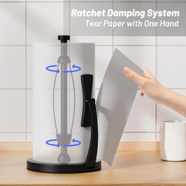 VEHHE Paper Towel Holder Countertop, One-Handed Tear, Stainless Steel, Stand Paper Towel Holder with Spring Activated Arm & Non Slip Weighted Base, for Kitchen Bathroom (Black)