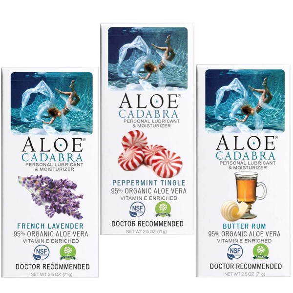 Aloe Cadabra Natural Lubricant, Assorted Flavored Water Based Lube Travel Bundle for Her, Him & Couples: 1 each - Butter Rum, Peppermint and French Lavender
