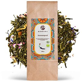 QIDOSHA® Sun Salutation, Organic Green Tea Loose with Rose Petals, Strawberry and Passion Fruit Pieces, Bergamot Oil, Calendula and Sunflower Blossoms, 100 g Loose Green Tea in Organic Quality