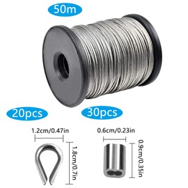 50 m Wire Rope 1.5 mm Stainless Steel Cable Wire Rope 7 x 7, 30 Pieces 1.5 mm Aluminium Clamp Crimp Sleeves Wire Rope Clips, 20 Pieces M2 Thimble for Railing Decks, Picture Hanging Set
