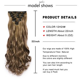 Clip In Hair Extensions Long Wavy 7 PCS Invisible Clip Thick Hairpieces Piece Soft Full Head Synthetic Fiber for Women, 22 Inches (Mixed Brown Gold)