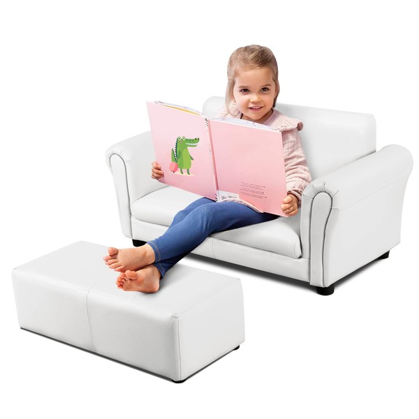 ARLIME Kids Sofa with Footstool, 2 Seat Armrest Children Sofa, Upholstered Couch Chair w/Wood Construction & Backrest, Lounge Set for Preschool Kids, Toddlers, Kid Furniture Set with Ottoman