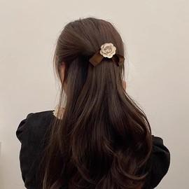 TseenYi Camellia Bow Hair Clips Camellia with Bow Knot Hairclips Brown Camellia Flower Clips Barrette Large Bow Tie Hairpin Headpieces Bridal Wedding Satin Hair Accessories