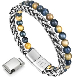 murtoo Mens Bead Leather Bracelet, Natural Bead, Steel and Leather Bracelet for Men Christmas Gift (Blue&Yellow 8.07")