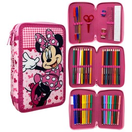 CARTOON Pencil Case with 3 Zippers, 44 Pieces, Stationery, Multiple Compartments, Pens, Crayons, Felt-tip Pens, Giotto for School, Minnie mouse, pencil case