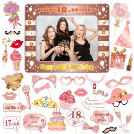 VEGCOO 18th Birthday Decorations, Inflatable Photo Booth Frame 18th Birthday Gifts for Girls, 33 Pcs Different Rose Gold Photo Booth Props Birthday Decoration for Girls