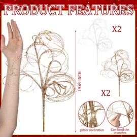 Daifunli 4pcs Glitter Christmas Picks Ting Curly Branches Stem Ornament 20 Inch Decorative Glittery Stick Artificial Glitter for Xmas Tree Wreath Craft Home Garden Vase Filler Decor (White,Champagne)